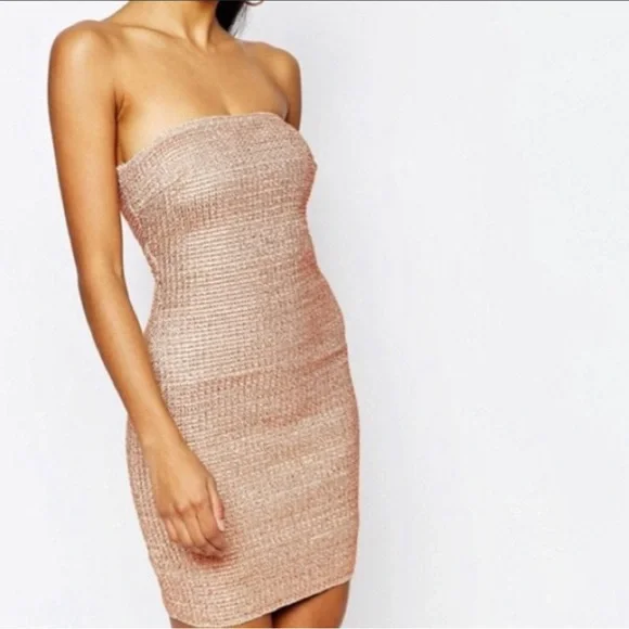 Wow Couture Dresses | {Nwt From Bloomingdales} Strapless Rose Gold Dress | Color: Gold | Size: M | Kirswi's Closet